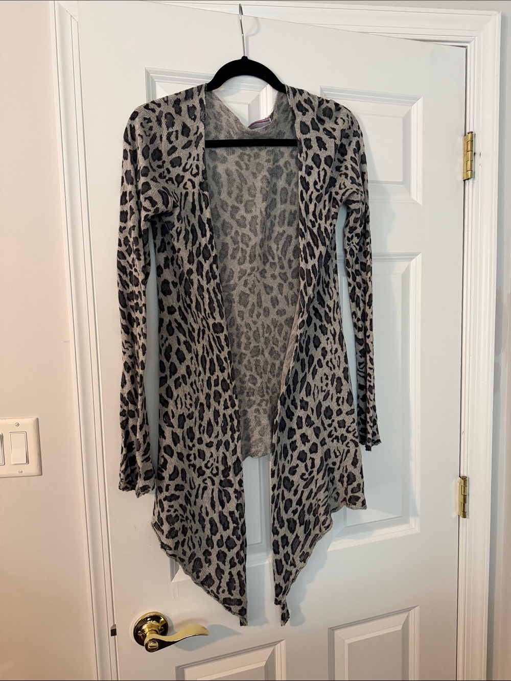 Acrobat Gray and Black Leopard Print Open-Front Cardigan